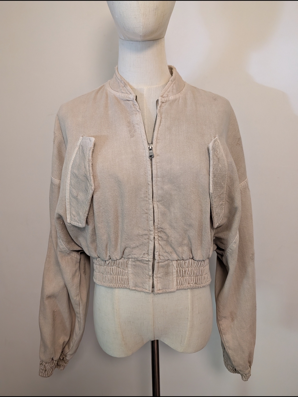Zara Light Beige Distressed Cropped Bomber Jacket